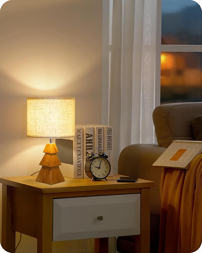 Wood Table Lamp, Wood Bedside Lamp with Tree-Shaped Base & Linen Lampshade, Modern Cute Desk Lamp for Living Room, Bedroom, E26 Base, Bulb Not Included, Beige and Dark Natural LE08TL05