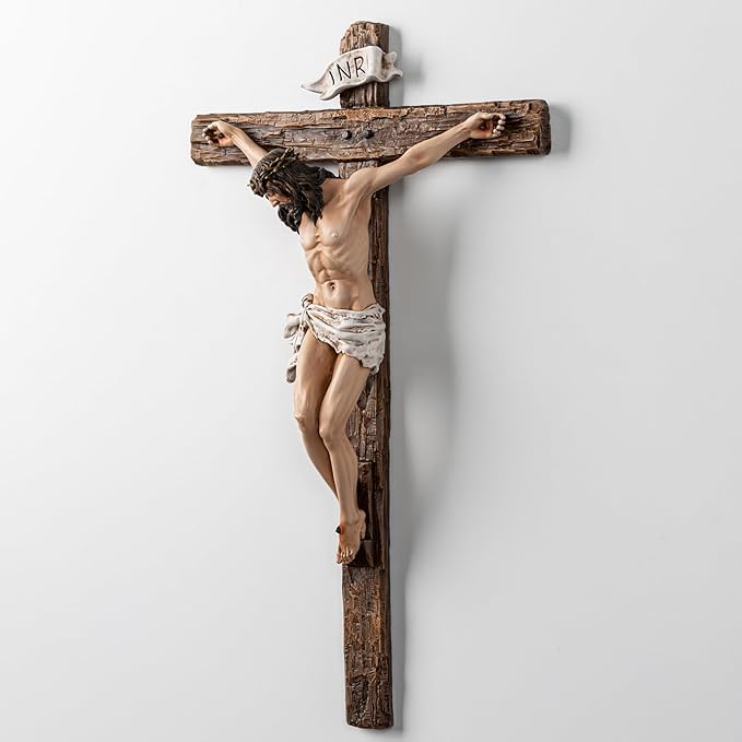 DevotedWalls Realistic Wall Crucifix,Lifelike Jesus Crucifixion Statue,12"H Resin Detailed Wood-looking Cross with Corpus,Hand Painted Jesue INRI Wall Cross for House,Catholic Gift Home Decor (Full Color）