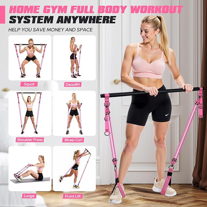Pilates Bar Kit with Resistance Bands, Heavy Duty Pilates Equipment for Men, Training Bands with Handles for Legs, Hip, Back, Arm, Abs, Chest, Shoulders, Portable Home Gym Workout Equipment
