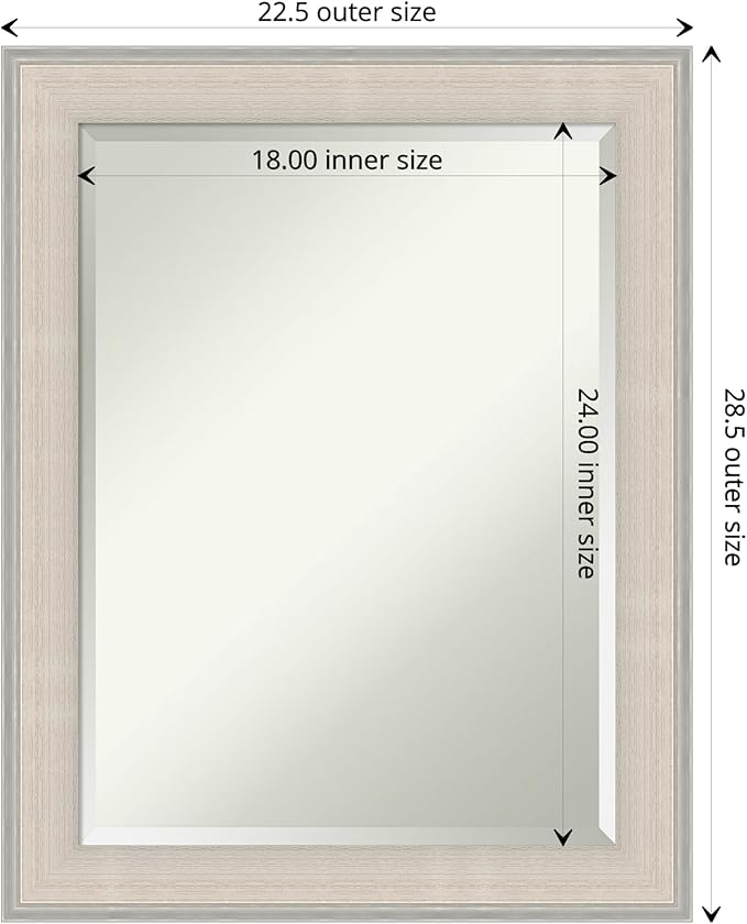 Amanti Art White Wall Mirror 28x22 Cottage White Silver Rectangle Bathroom Mirror for Wall Decor Living Room, Medium Cottage Wood Frame, Hangs Horizonally and Vertically, Bathroom Decor, Beveled Edge