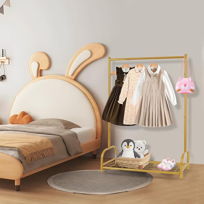 Baby Clothes Organizer, Kids Dress Up Storage Rack, Small Clothes Rack with Metal Storage Shelf, Kids Closet Organizers, Baby Closet (Gold)