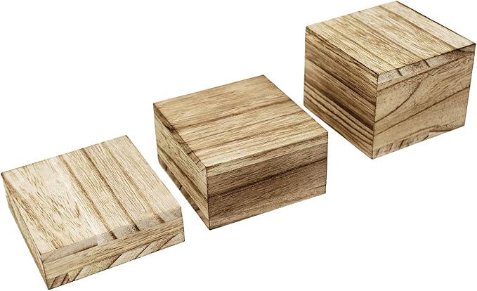 MOOCA 3-Piece Wooden Square Risers for Display Jewelry and Accessories Stand, Wood Display Stand, Oak Color