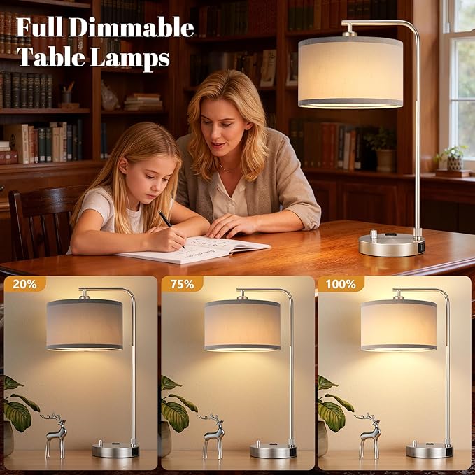 Innqoo Bedside Table Lamps for Bedroom Set of 2-Dimmable Nightstand Lamps with USB Port and Outlet,Modern Grey Lamps with Linen Shade,Tall Desk Lamps for Home Office Bedroom Living Room End Table