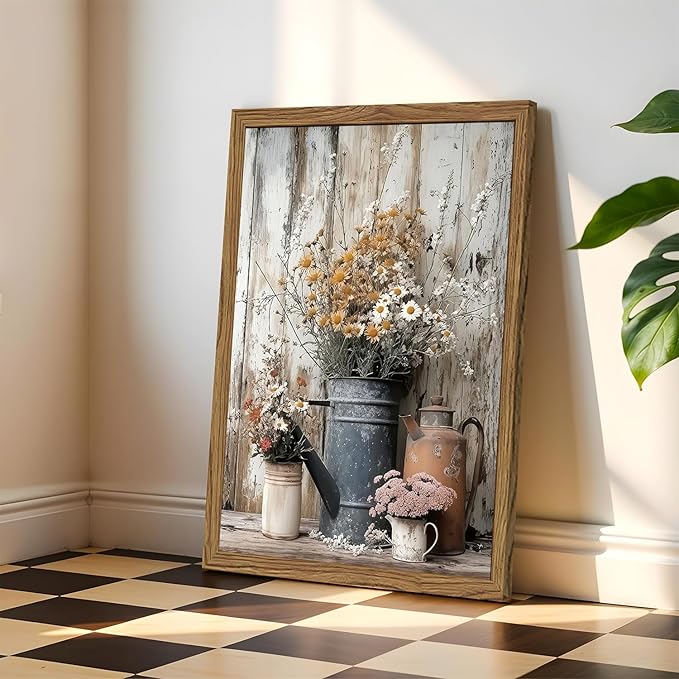 Wood Framed Farmhouse Vintage Canvas Wall Art, Rustic Floral Daisy Pictures Wall Decor Paintings, Country Flower Artwork Poster Prints for Living Room Kitchen Bedroom Bathroom 12x16 inch