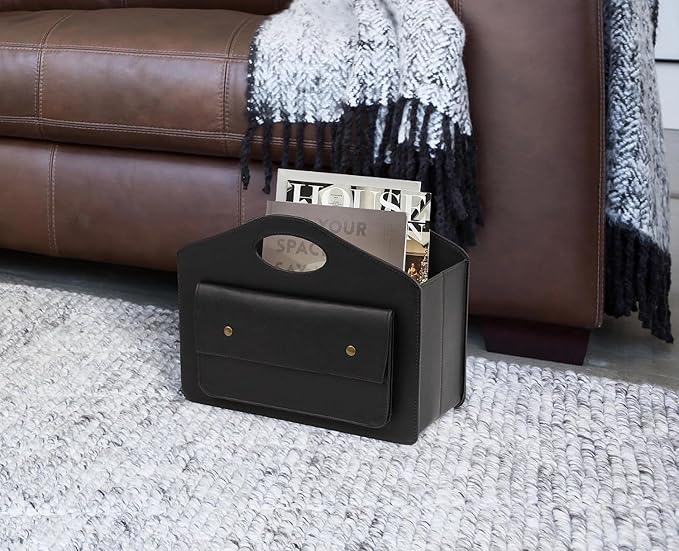 HofferRuffer Magazine Basket Holder, Foldable Magazine Rack, Document File Holder Organizer, File Folder, Newspaper Storage Bin Organizer for Home or Office (Black Magazine Basket)