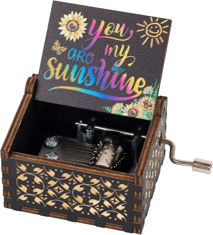 AUEAR, You are My Sunshine Wooden Music Box Hand Crank Laser Engraved Vintage Musical Small Unique Gift for Birthday Wedding Christmas Valentines Day (Style C)