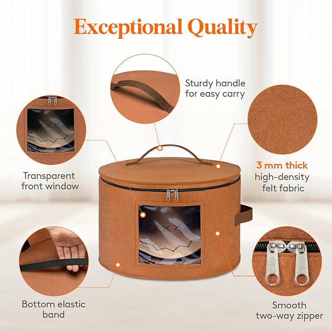 Lifewit Round Cowboy Hat Box for 7 Caps, Large Felt Hat Organizer Bag for Men&Women Storage, Baseball Cap Container with Lid for Travel, Foldable 16.5" Dx10.6 H Carrier, 37L Each, Brown 2 Pack