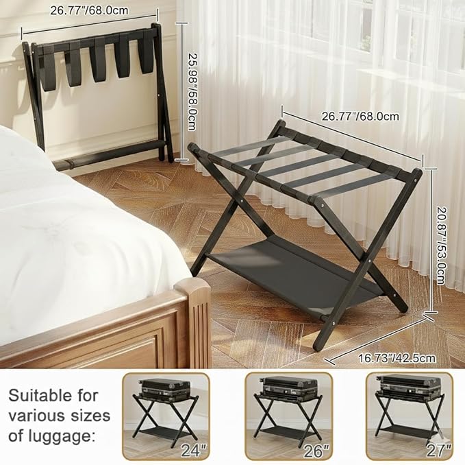 2 Pack Bamboo Luggage Rack for Guest Room, 26.77" Folding Wide Suitcase Stand with Fabric Storage Shelf, Thickened Luggage Stand Holder for Bedroom Hotel, Luggage Rack for Suitcases (2 Pack - Black)