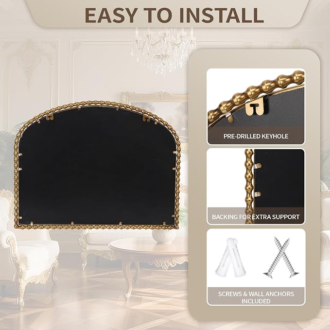36x28 Inch Wide Arched Wall Mirror with Bold Antique Gold Beaded Frame, Decorative Mantel Mirror for Fireplace or Entryway, Horizontal Hanging Statement Mirror for Living Room Wall Decor
