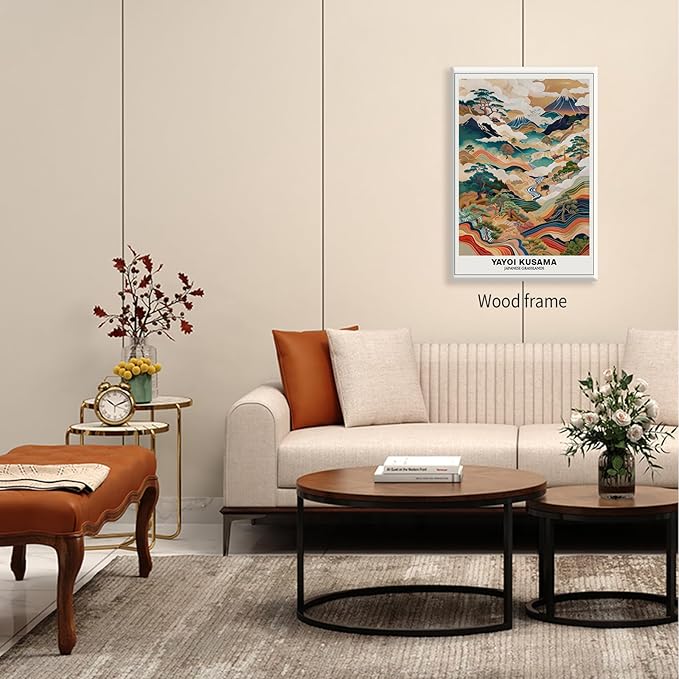 Vintage Yayoi Kusama Grasslands Posters Japanese Wall Art Yayoi Kusama Abstract Landscape Canvas Print for Stylish Room Bedroom Living Room Gallery Decor 16x24in Framed