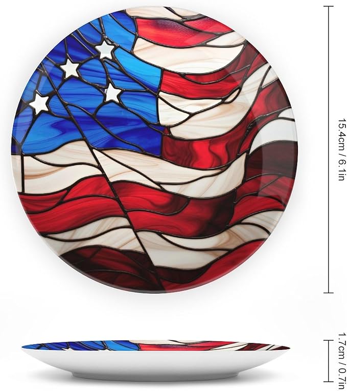 Decorative Plates for Wall Hanging, Blue Red USA Flag Stained Glass Painting Ceramic Plate w/Display Stand, Home Decor for Kitchen Cabinets, Farmhouse Round Tray 6 Inch, Gift for Patriotic