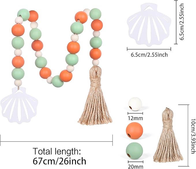 Meplait Wood Bead Garland, Coastal Tassel Garland with Shell Tag Beach Farmhouse Decor for Tiered Tray Table Centerpiece Wall Home Decoration