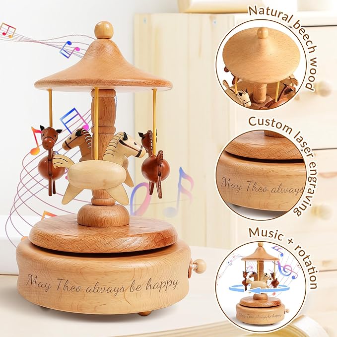 Personalized Wooden Carousel Music Box - Custom Name Gift for Friends, Birthday Christmas Valentine's Day Gift Home Decoration | Hand-Cranked Rotating Music Box