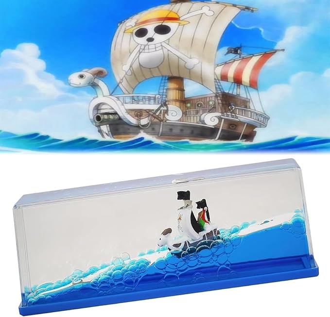 Unsinkable One Going Pirate Ship Piece Merry Toy in a Bottle Box - Floating Boat Liquid Motion Ocean Desk Decor, Unique Birthday Gifts for Men Women Anime Lovers Desk Ornament (Blue-f)