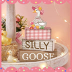 Yuntau 4 Pcs One Silly Goose Birthday Party Decoration Wood Silly Goose Table Sign Pink Baby Shower Tiered Tray Decor Tabletop Centerpieces for First Birthday Baby Shower Home Shelf Office