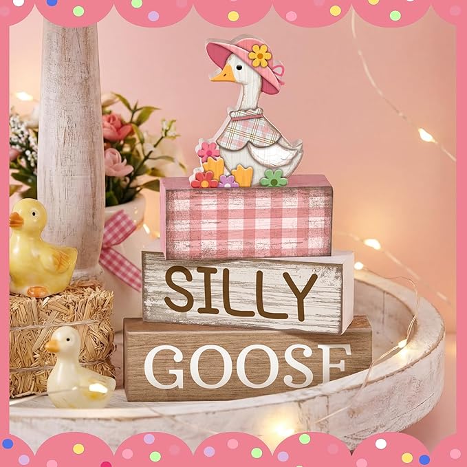 Yuntau 4 Pcs One Silly Goose Birthday Party Decoration Wood Silly Goose Table Sign Pink Baby Shower Tiered Tray Decor Tabletop Centerpieces for First Birthday Baby Shower Home Shelf Office