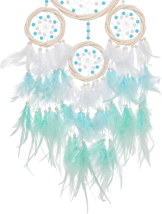 Large Rattan Dream Catchers - Light Blue Rooster Feather with Luxury Pearl, Multiring, Handmade Dreamcatcher for Bedroom, Dream Catcher for Girls, Dream Catchers for Boys, Dream Catcher Wall Decor