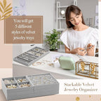 Set of 5 Stackable Jewelry Organizer Trays for Drawer 14 Inch Velvet Jewelry Drawer Insert Display Storage with Removable Divider for Necklace Earring Ring Watch Bracelet (Gray)