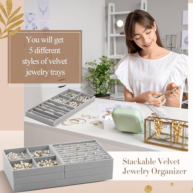 Set of 5 Stackable Jewelry Organizer Trays for Drawer 14 Inch Velvet Jewelry Drawer Insert Display Storage with Removable Divider for Necklace Earring Ring Watch Bracelet (Gray)