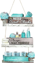 Dazzlewall 3pcs Farmhouse Bathroom Wooden Wall Decor, Turquoise Vintage Floral Bathroom Accessories Wood Hanging Sign Rustic Blue Toilet Plaque Decor, 15.3x10.2 in