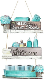 Dazzlewall 3pcs Farmhouse Bathroom Wooden Wall Decor, Turquoise Vintage Floral Bathroom Accessories Wood Hanging Sign Rustic Blue Toilet Plaque Decor, 15.3x10.2 in