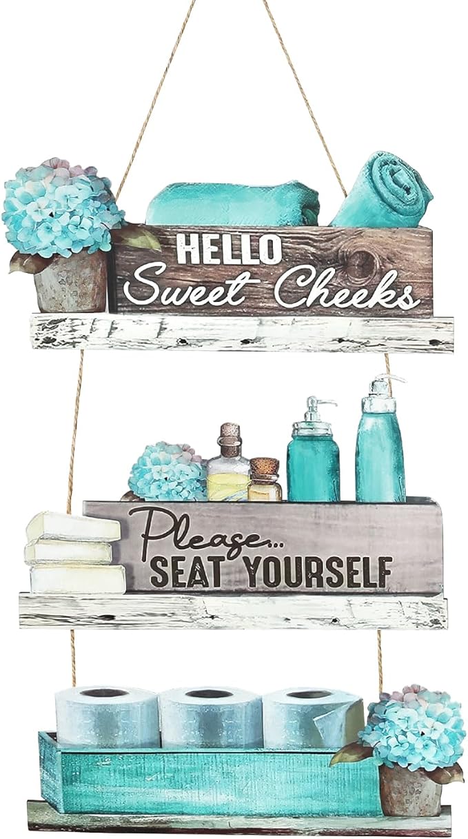 Dazzlewall 3pcs Farmhouse Bathroom Wooden Wall Decor, Turquoise Vintage Floral Bathroom Accessories Wood Hanging Sign Rustic Blue Toilet Plaque Decor, 15.3x10.2 in