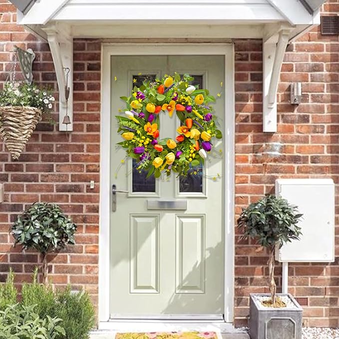 Spring Wreaths for Front Door 24 Inch,Spring Summer Wreath with Colorful Tulip,Eucalyptus and Ferns,Tulip Wreath for Indoor Outdoor Farmhouse Home Porch Wall Decor