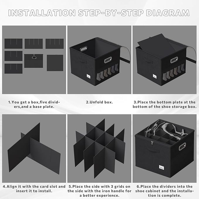 2 Pack Shoe Organizer for Closet Large Shoe Box Storage Containers with Clear Window Space Saving Shoe Bin with Foldable Bottom Support Adjustable Dividers Fits 32 Pairs (Black, (16.5*16.5*13in)*2)
