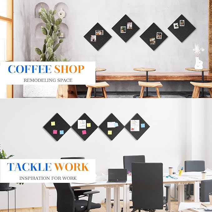 DOLLAR BOSS Felt Cork Board Tiles, 4 Packs 12" x 12" 1/2" Thick Cork Bulletin Board Self Adhesive Acoustic Panels Soundproof Corkboards for Walls with 40 Pushpins for Home Office Kitchen School, Black
