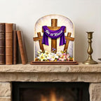 KATINAT He Is Risen Easter Decor Wooden Plaque – Christian Resurrection Cross Table Sign with Purple Cloth, Religious Easter Decoration for Home, Church, Christian Gift, Resurrection Sunday Decor