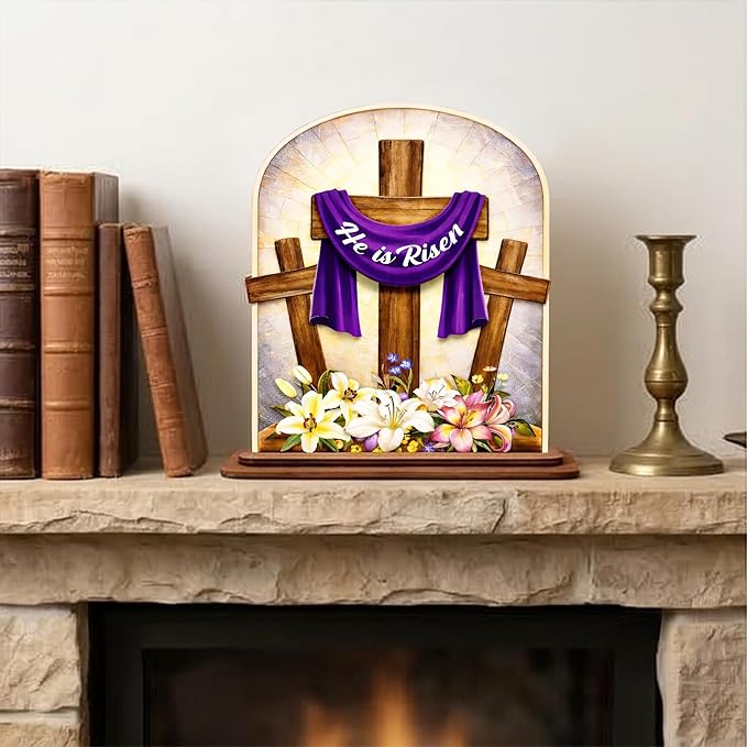 KATINAT He Is Risen Easter Decor Wooden Plaque – Christian Resurrection Cross Table Sign with Purple Cloth, Religious Easter Decoration for Home, Church, Christian Gift, Resurrection Sunday Decor