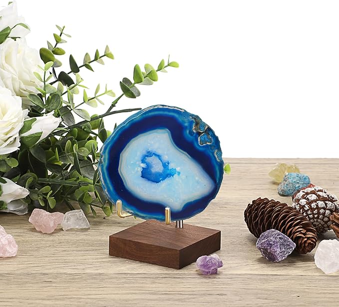 Hipiwe 2Pcs Wooden Base Display Stand Adjustable Metal Arms Display Stand Easel Decorative Plates Display Easel Holder for Crystal Fossil Slice Coral Geodes Rock Mineral Agate,Medium