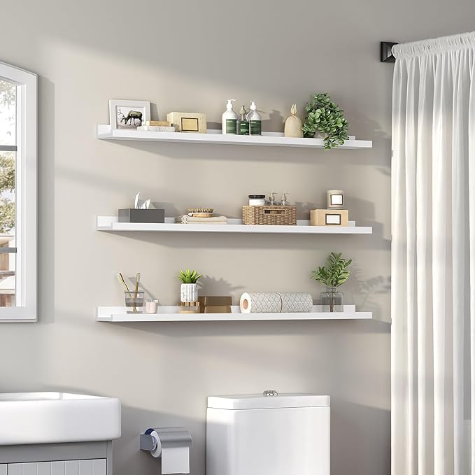 HOOBRO Floating Shelves, Wall Shelf Set of 3, 47.2 Inches Hanging Shelf with Raised Edge and Invisible Brackets, for Bathroom, Bedroom, Kitchen, Office, Living Room Decor, White WT92BJ01