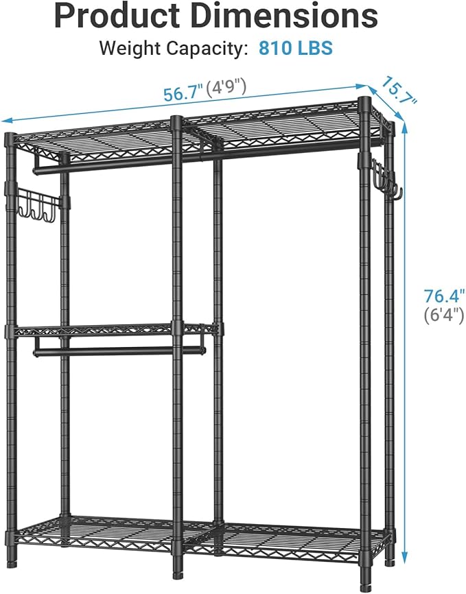 VIPEK V4C Garment Rack with Cover, Heavy Duty Portable Closet Adjustable Metal Clothing Rack for Hanging Clothes with Hanging Rods & Side Hooks, Max Load 810lbs, Black Rack with Grey Cover