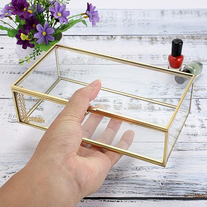 Hipiwe Vintage Glass Keepsake Box, Rectangle Jewelry Display Organizer, Lidded Box for Home Decor, Storage of Trinkets, Rings, Bracelets