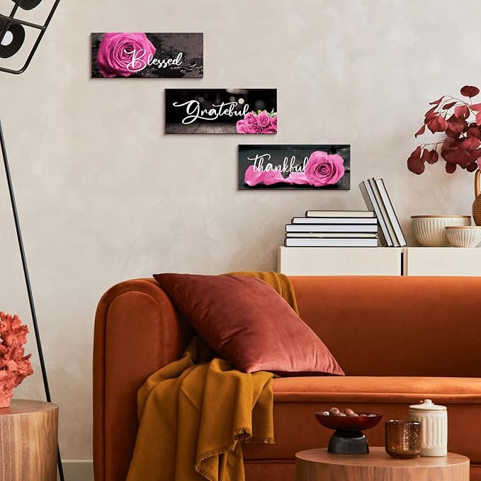 Hillban 3 Pieces Rose Wooden Wall Decor Rose Bathroom Decor Thankful Grateful Blessed Accessories Inspirational Wall Art Signs for Living Room Kitchen Wedding(10 x 4 Inch,Pink)