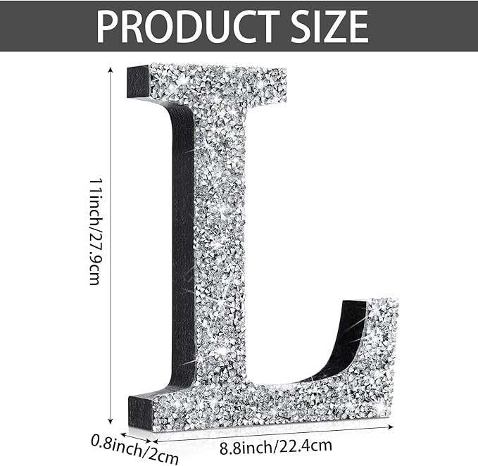 Qunclay 12'' Silver Crystal Diamond Bling Letters Crushed Diamond Decoration Wooden Glitter Letter with Screw and Hooks Rhinestone Gift for Wedding Y2k Mcbling Bedroom Wall Decor (Letter L)
