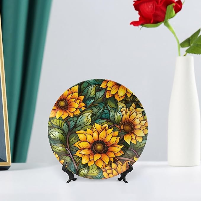 Decorative Plates, Autumn Flowers Stained Glass Design Ceramic Dinner Plate Home Wobble-Plate with Display Stand, Wall Hanging Decor for Kitchen Household 6 Inch, Gifts for Sunflower Lover