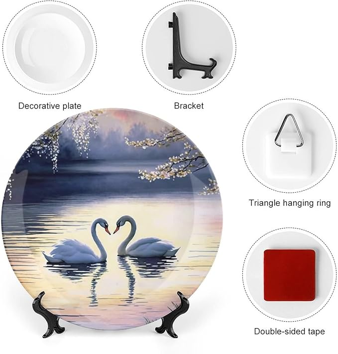 Decorative Plates, Sunset Couple Swans Lake with Tree Painting Ceramic Dinner Plate Home Wobble-Plate with Display Stand, Wall Hanging Decor for Living Dining Room Kitchen Household 6 Inch