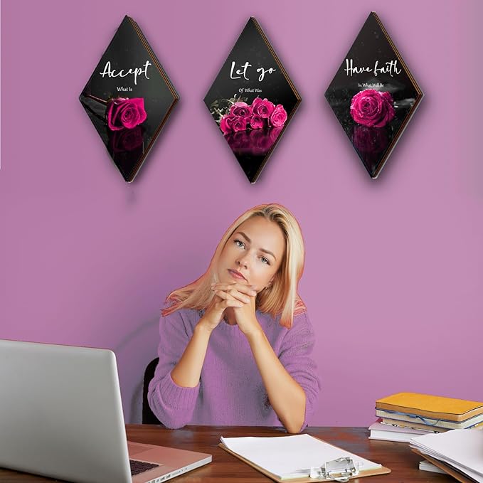3 Pcs Pink Wall Decor Pink Rose Bathroom Decor Farmhouse Bedroom decor Inspirational Wood Office Wall Art with Accept Let Go Have Faith Sign for Girl Women Living Room Bedroom(12x7 Inch)