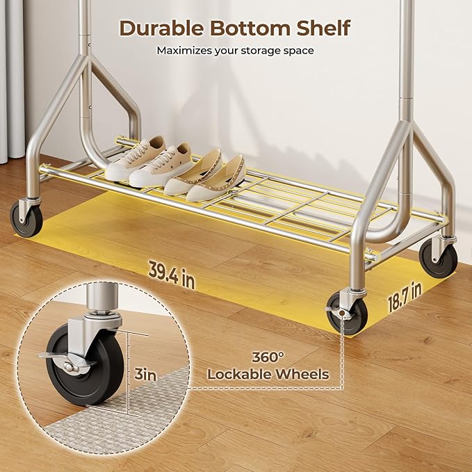 Heavy Duty Clothes Rack, Double Rod Clothing Rack for Hanging Clothes, Rolling Garment Rack, Adjustable Freestanding Wardrobe Closet Coat Rack for Bedroom Laundry Living Room, Silver