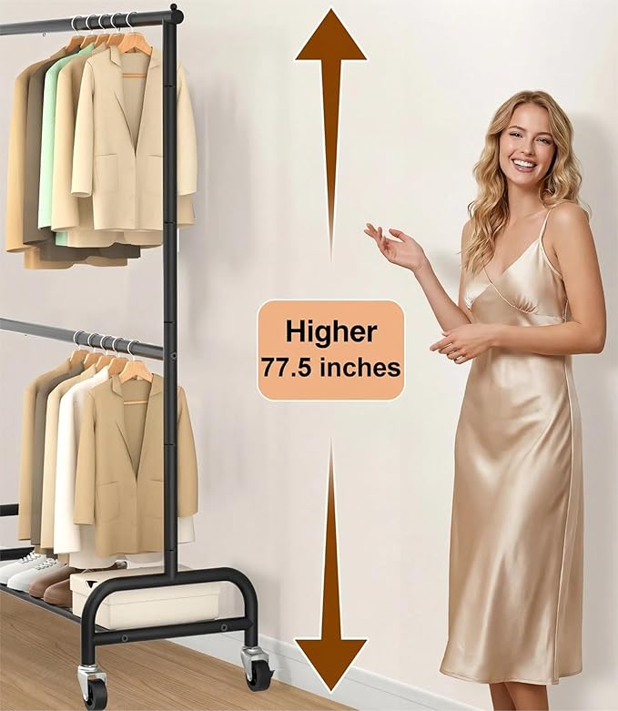 MISSLO Heavy Duty Clothes Rack for Hanging Clothes Rolling Clothing Rack Heavy Duty on Wheels for Coat, Garment, Matte Black (Double Rod)