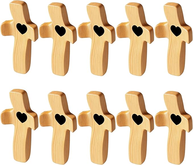 10-Pack Olive Wooden Cross Fidget, Handmade Pocket Wood Crosses, Cross My Heart | Easter Day Encouragement Gift, Relieve Anxiety for Yourself, Inspirational Gift for Christian Faith, Prayer, Valentines Day Gifts