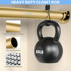 Closet Rods for Hanging Clothes, 17 to 99 Inch Heavy Duty Stepless Adjustable Closet Hanging Rod, 1.3 Inch Diameter Metal Closet Rod for Wardrobes Laundry Bedroom RV, Gold