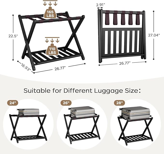 26.77"L Luggage Rack for Guest Room - 1 Pack Full Assembled Luggage Rack Stand for Suitcases, Foldable Luggage Holders with Shoe Shelf, 5 Nylon Straps for Bedroom, Hotel (Black Bamboo Suitcase Stands)