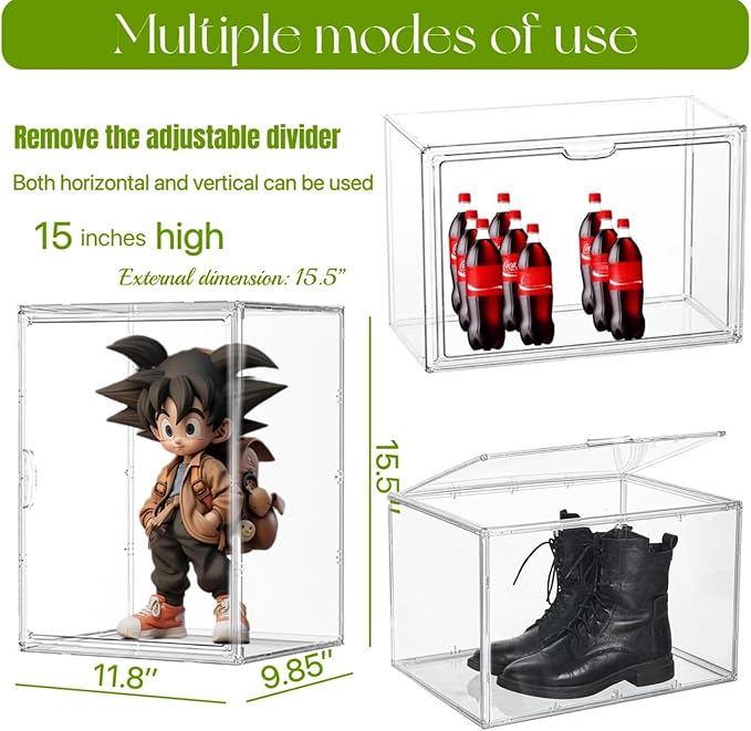 Acrylic Display Case with an Adjustable Divider, 2 Tiers XXX-Large Boot Shoe Storage Boxes Clear Plastic Stackable Storage Bin with Lids,2 Pack Super Large Clear Display Box for Shoes, Collectibles