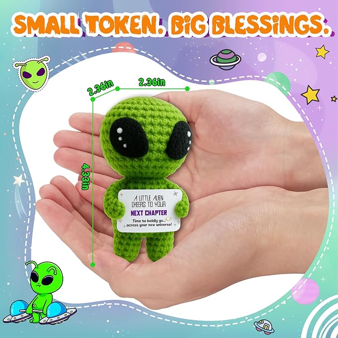 MAMAGIFTREE Cheers to Your Next Chapter - Positive Crochet Alien Plush - Ideal for Retirement Farewell Going Away Graduation 2026 New Job Promotion Gifts for Colleagues Students Teacher Coworker Boss