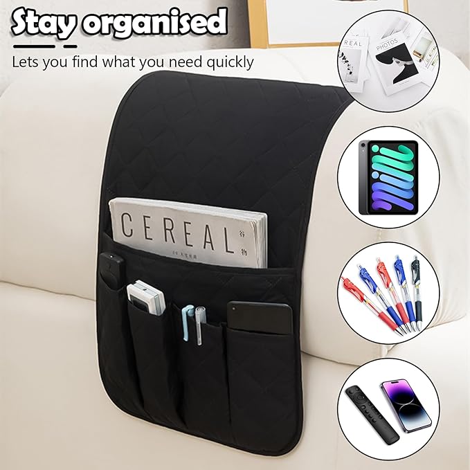 Huakaile Foldable Remote Control Holder Non-Slip Couch Sofa Chair Waterproof Armrest Organizer with 5 Pockets Armrest Organizer Couch Recliner Caddy Fits for Ipad, Phone, Magazines (Black)