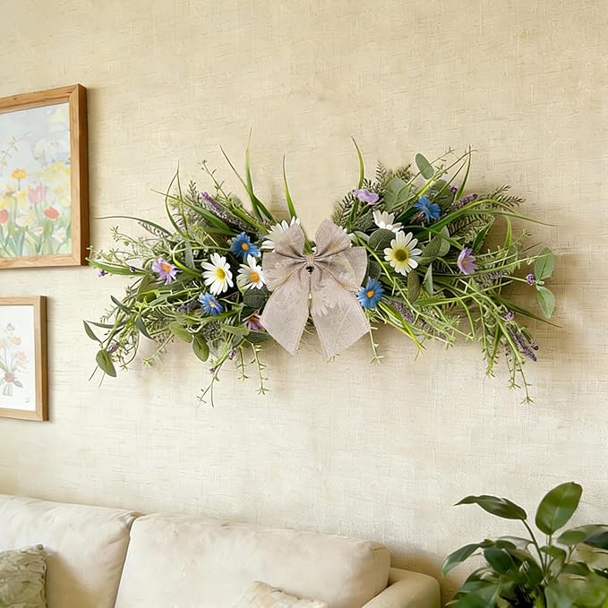 24'' Spring Wreaths for Front Door Summer Floral Swag Blue Spring Door Wreath with Wildflower Lanvender for Wall Porch Indoors Outdoor Window Home Decorations
