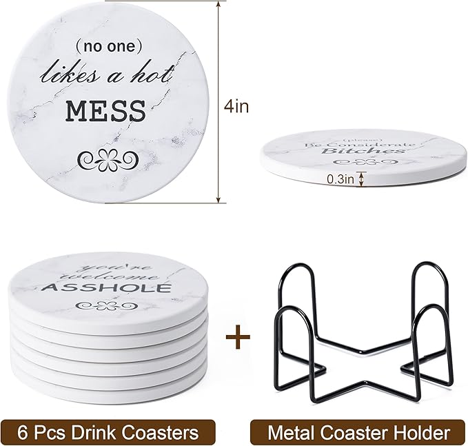 Hoewina 6Pcs Drink Coasters with Holder, Marble Style Ceramic Drink Coaster, Absorbent Coasters Set Suitable for Kinds of Cups, Modern Style Coasters for Coffee Table, 4 Inches（Style 10）